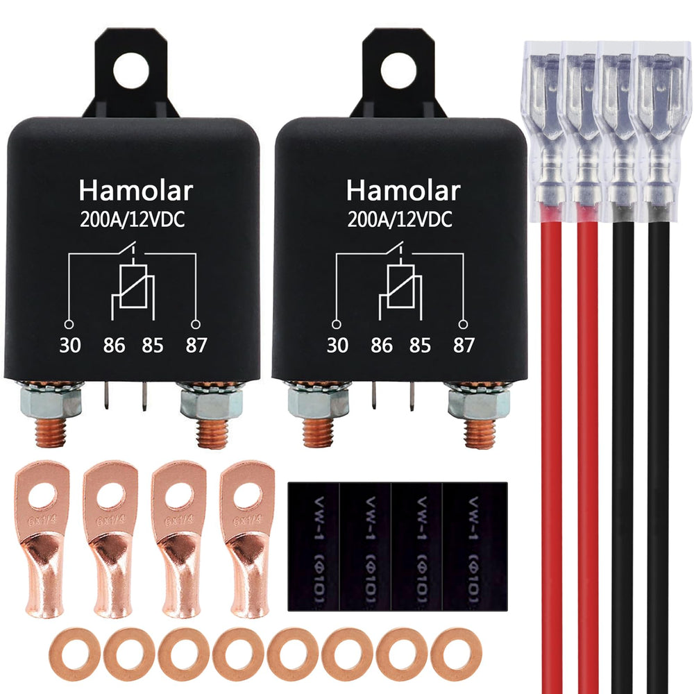 Hamolar 12V 200A relay terminal close-up with durable silver-plated contacts.