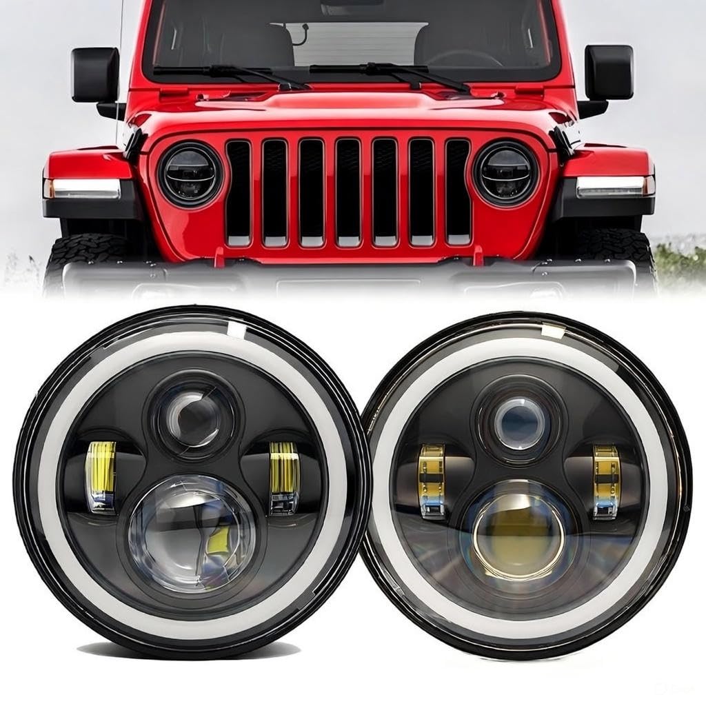 HANBKC 7-inch LED headlights for Jeep Wrangler provide clear night visibility.
