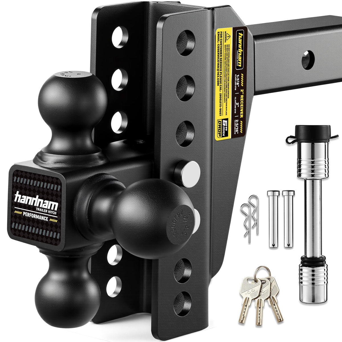 Handnam drop hitch with 6-inch drop for level towing on uneven loads