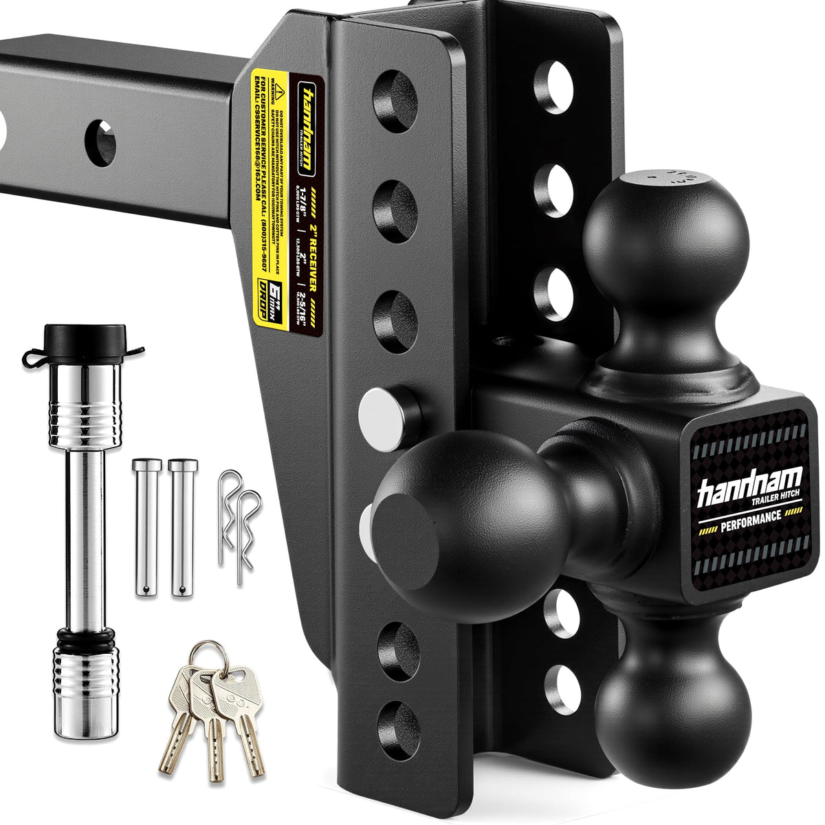 Handnam drop hitch with 6-inch drop for level towing.