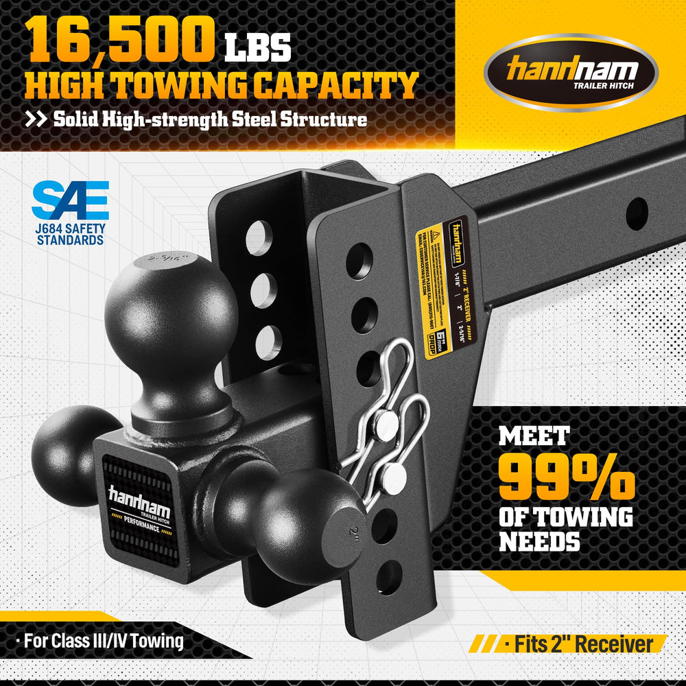 Handnam rotatable tri-ball enables quick hitch changes for multiple trailer sizes.