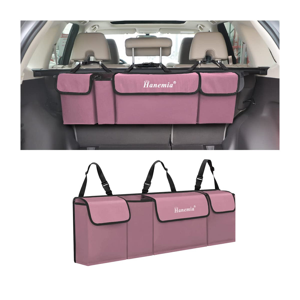Hanemia car trunk organizer side view highlights durable 600D material and organized storage.