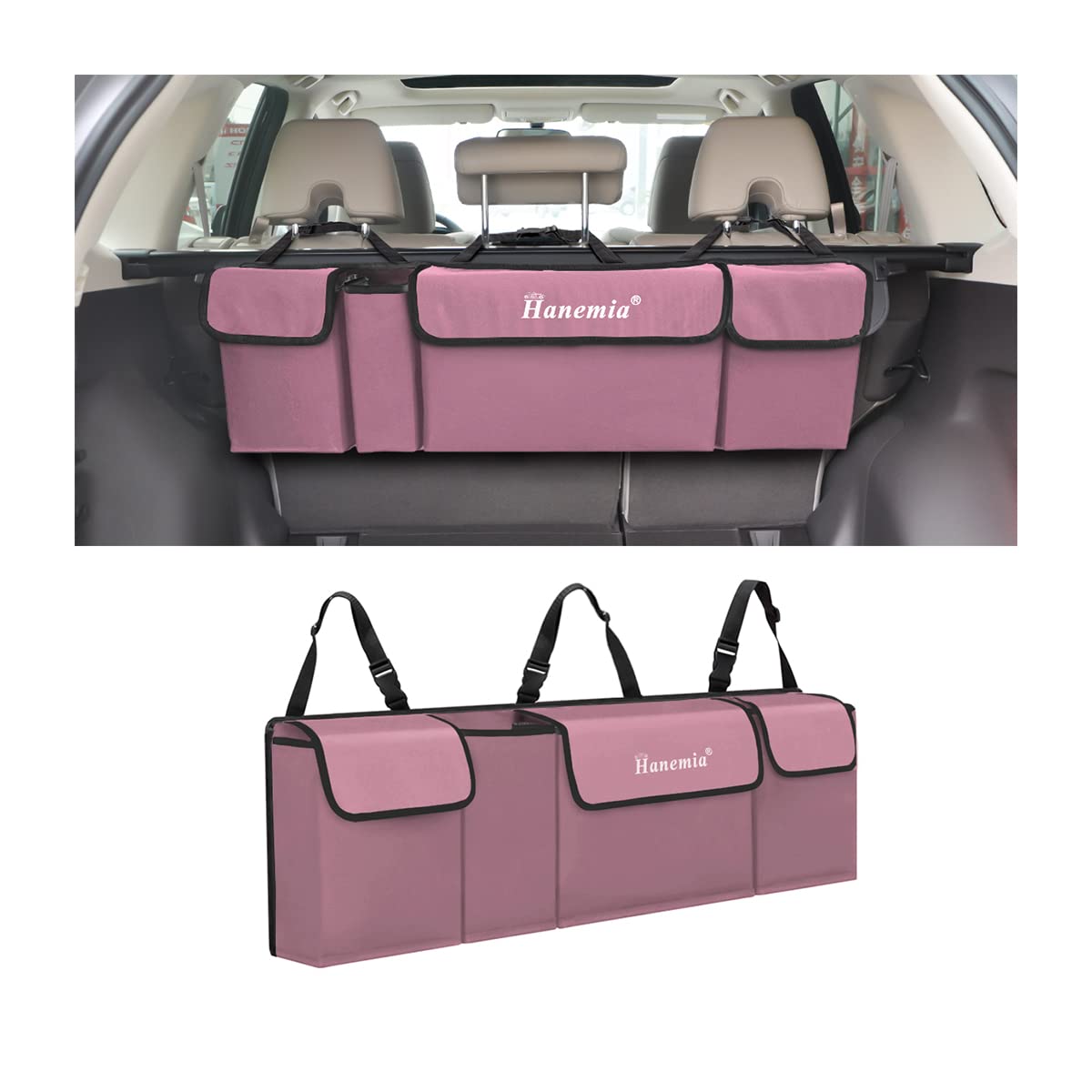 Hanemia car trunk organizer side view highlights durable 600D material and organized storage.