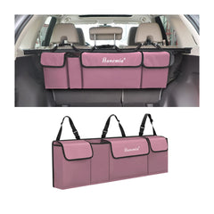 Hanemia car trunk organizer side view highlights durable 600D material and organized storage.