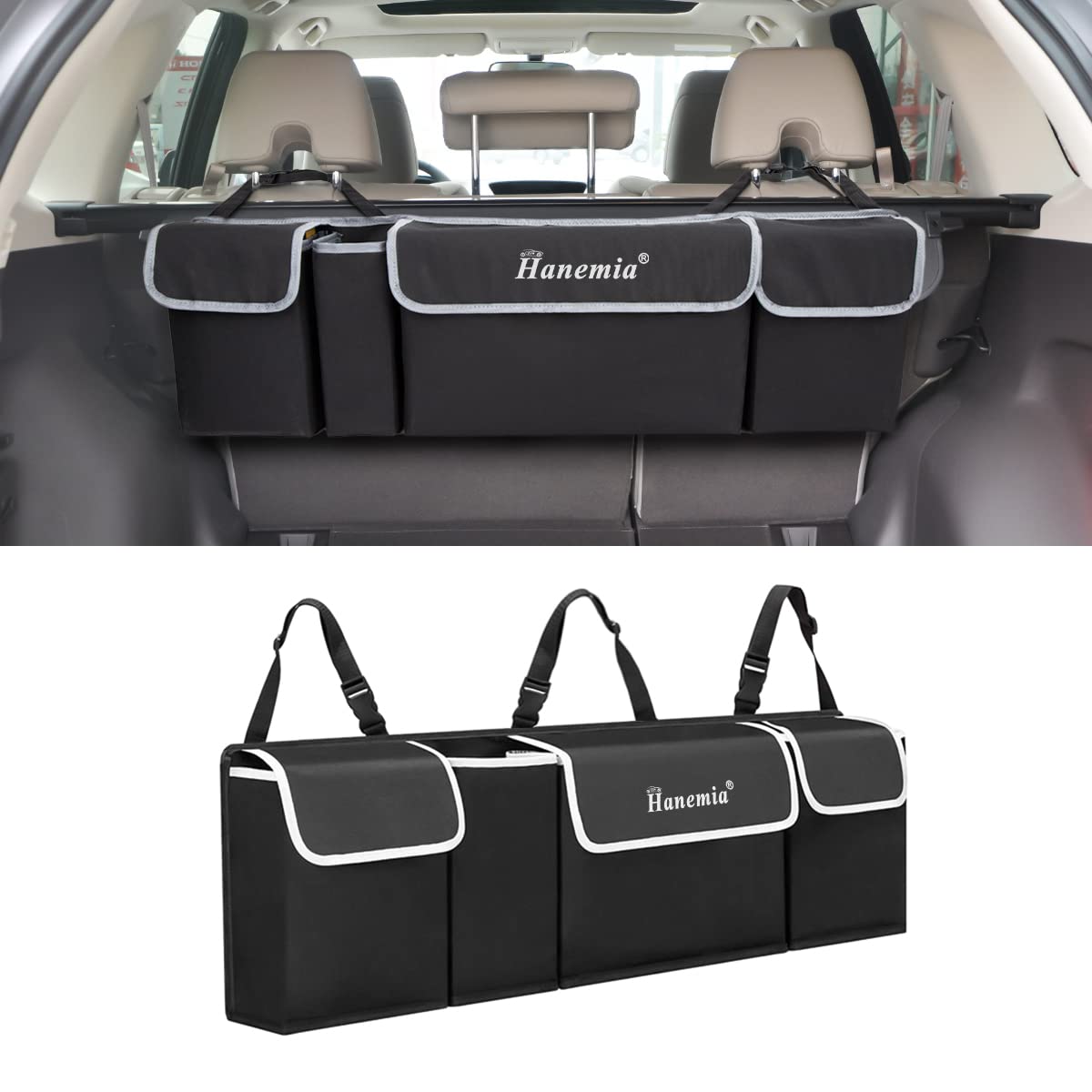 Hanemia trunk organizer foldable in car keeps essentials neatly stored.