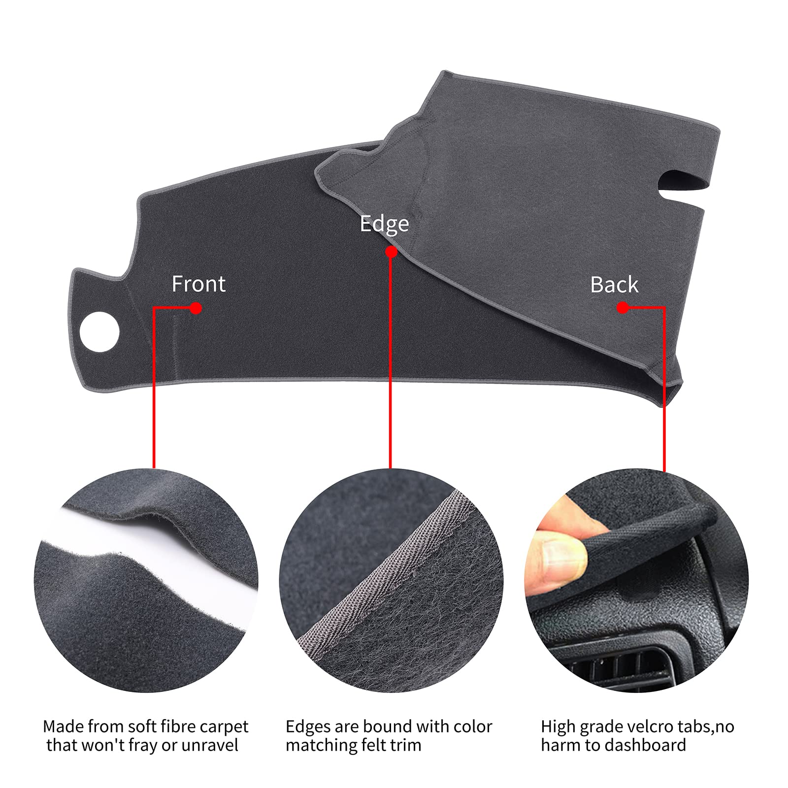 HanLanKa dash cover showing left-hand-drive compatibility with breathable fabric.