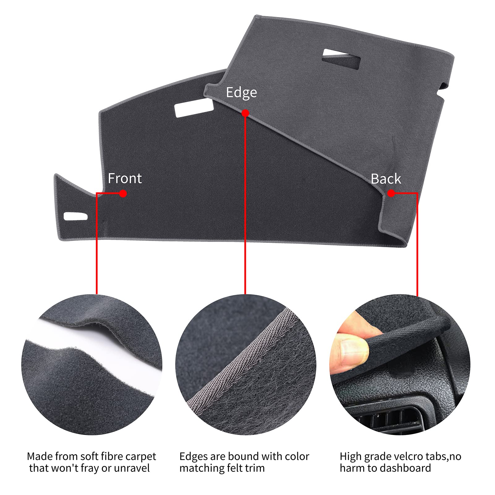 HanLanKa dashboard cover close-up with Velcro fasteners for easy secure installation.