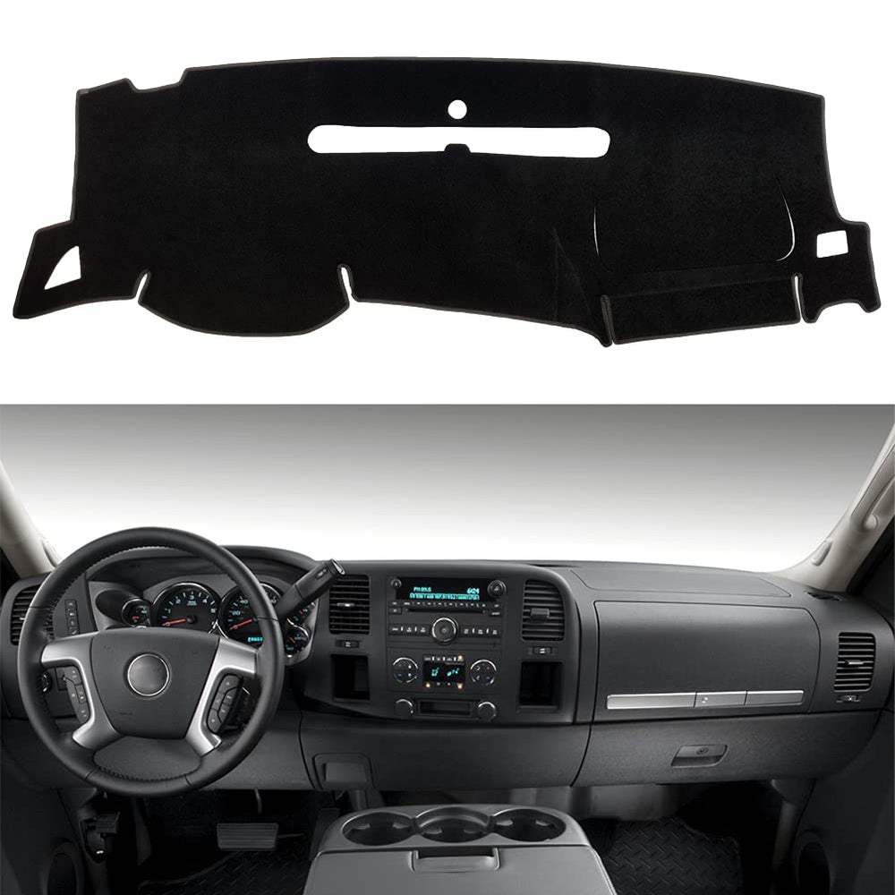 HanLanKa dashboard cover for GMC Sierra and Silverado shows a custom-fit dash protection against sun damage.