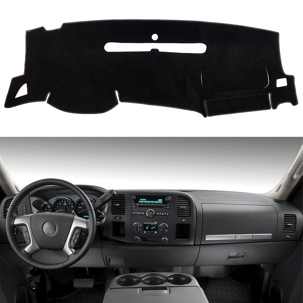 HanLanKa dashboard cover for GMC Sierra and Silverado shows a custom-fit dash protection against sun damage.