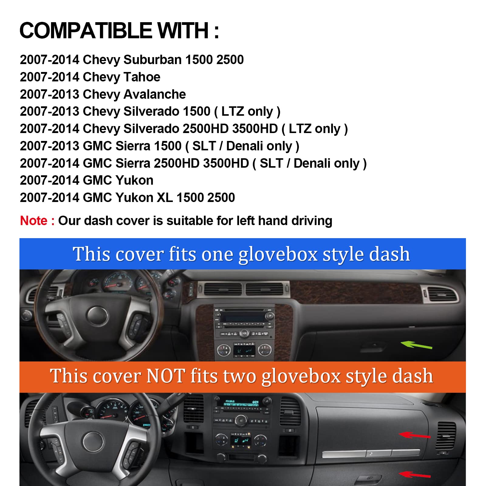 HanLanKa dash cover for GMC Yukon 2007-2014 protects against UV wear and glare.