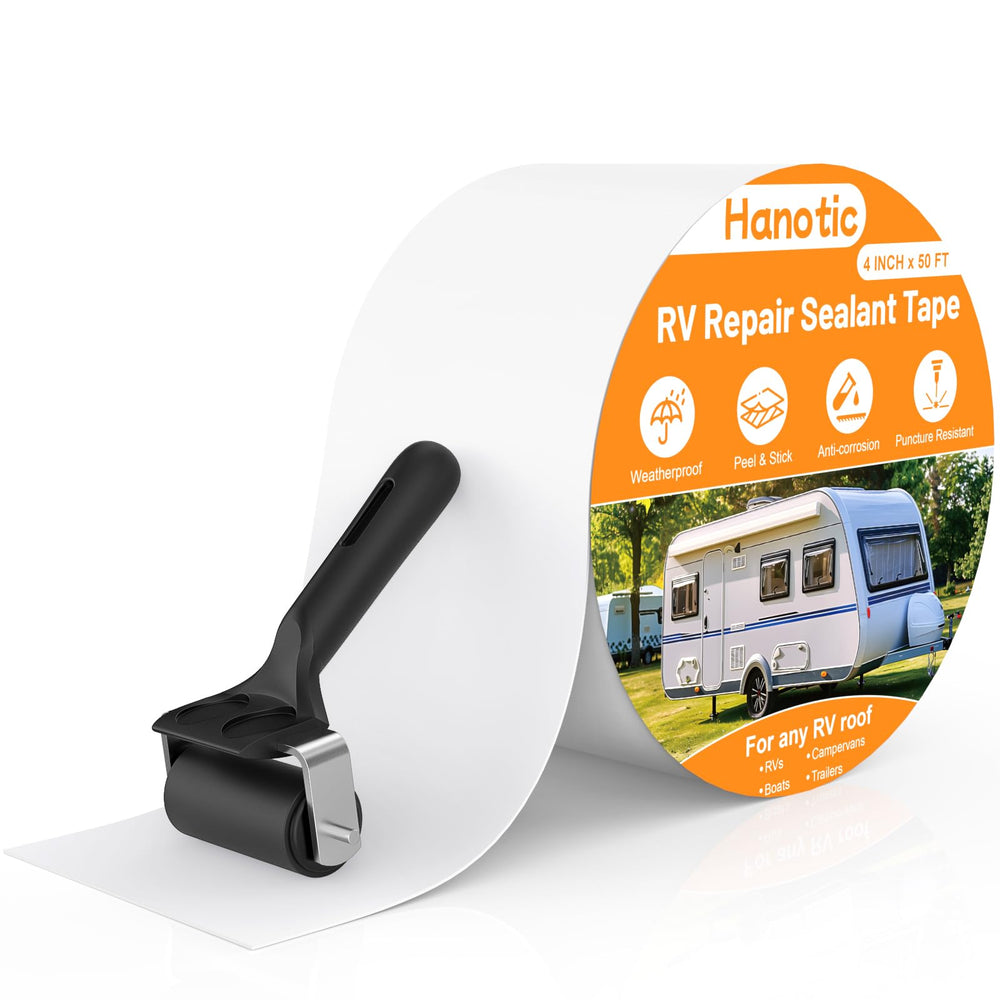 Hanotic RV roof tape roll in use on a roof seam for waterproof sealing