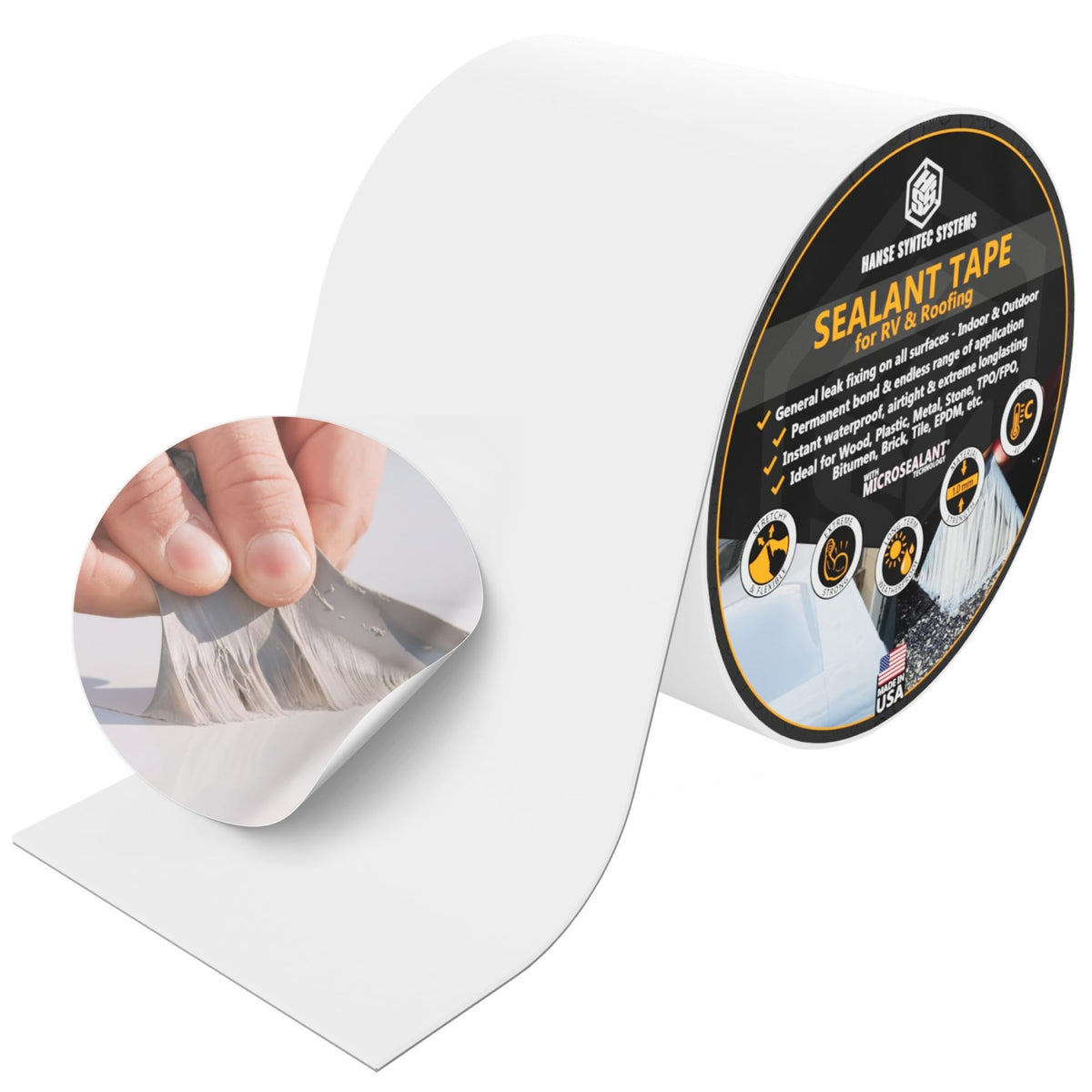 Hanse Syntec Systems HSS microsealant tape roll shows strong roof adhesion for repairs