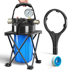 Hansing 6-layer RV water filter with stand for easier on-the-road setup.