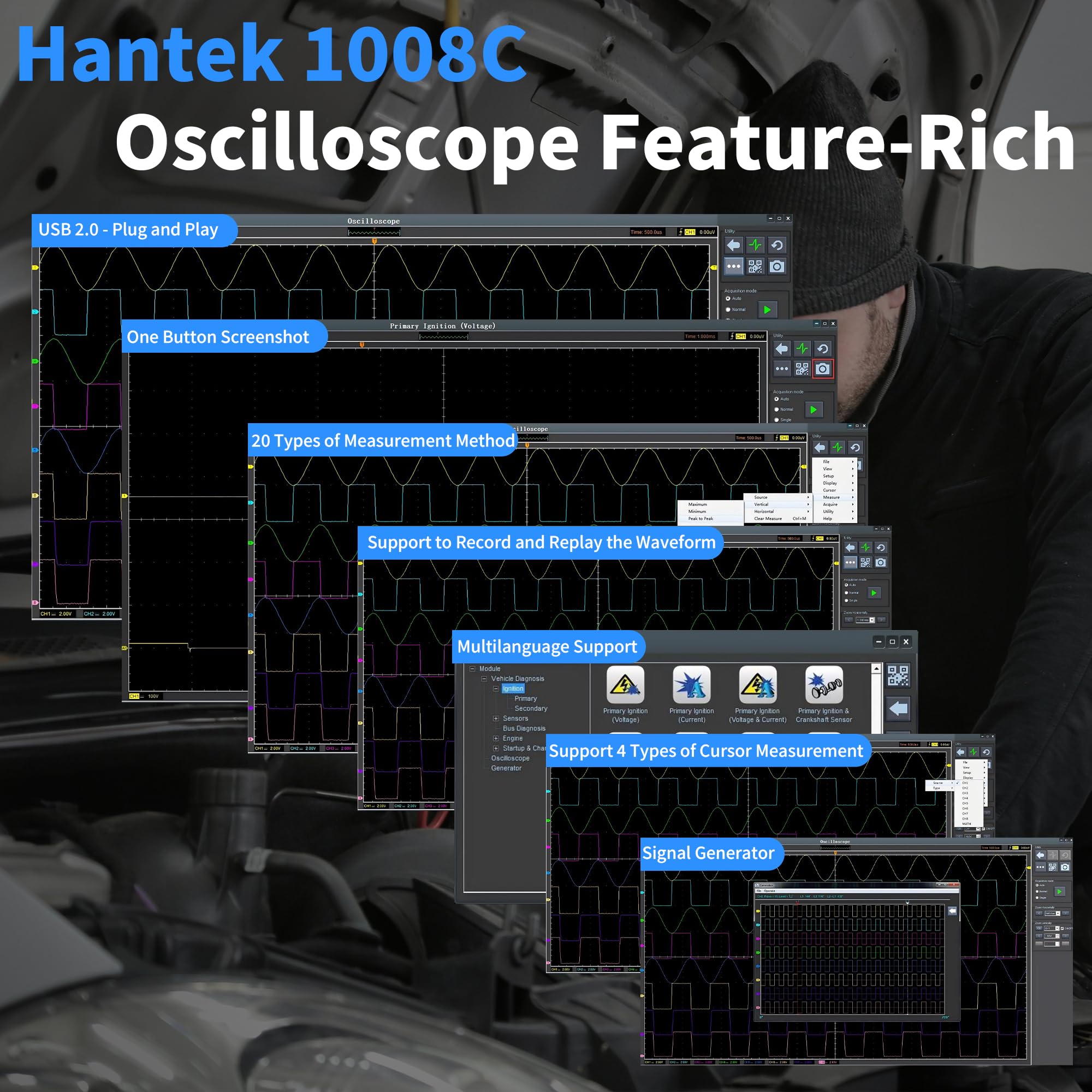 Hantek analogue signals graph displays 12-bit detail for precise analysis.