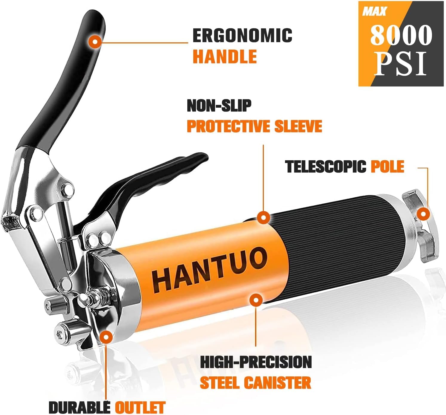 HANTUO heavy-duty grease gun rated at 8000 PSI for demanding jobs