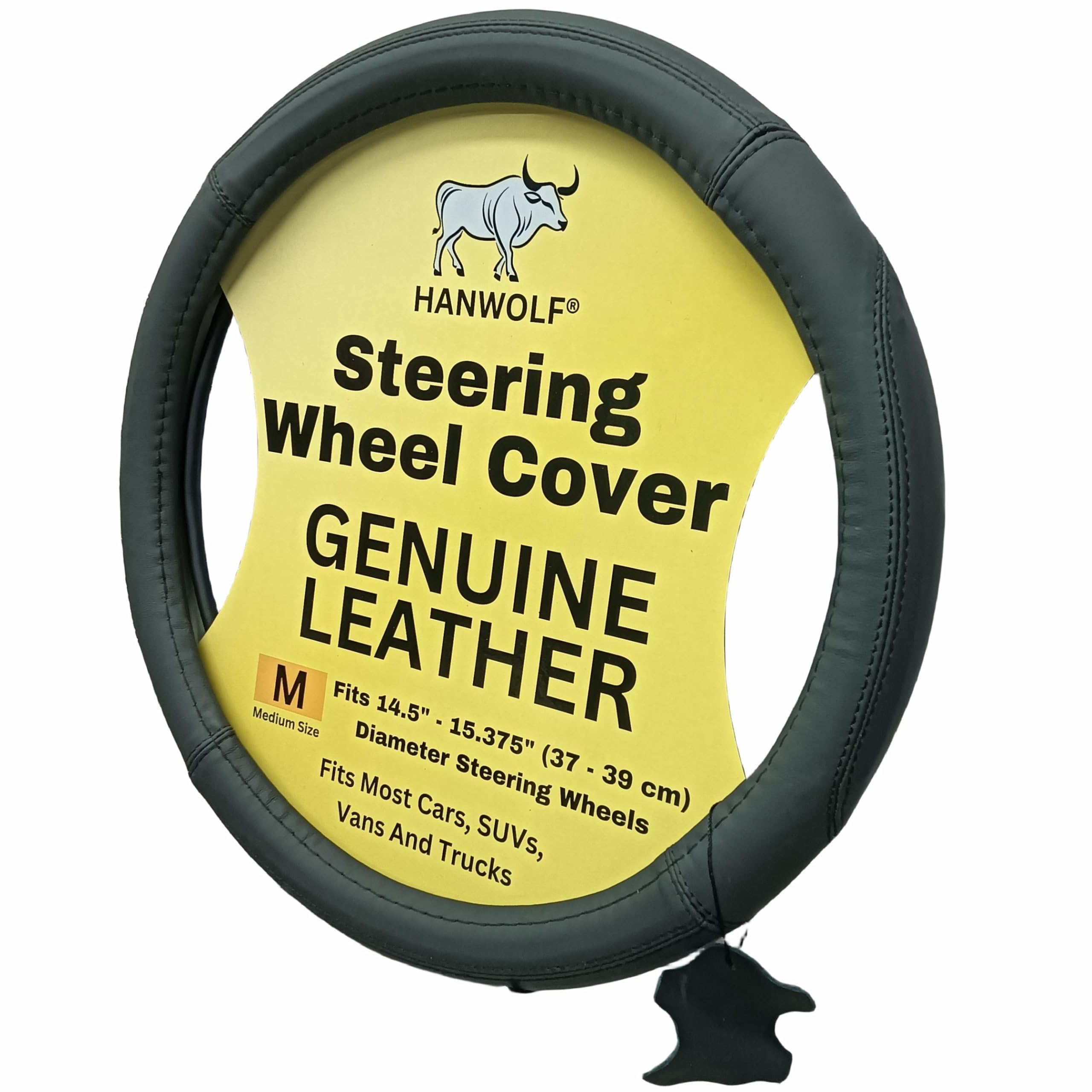 HANWOLF steering wheel cover in black genuine leather for 15-inch wheels enhances grip and premium look