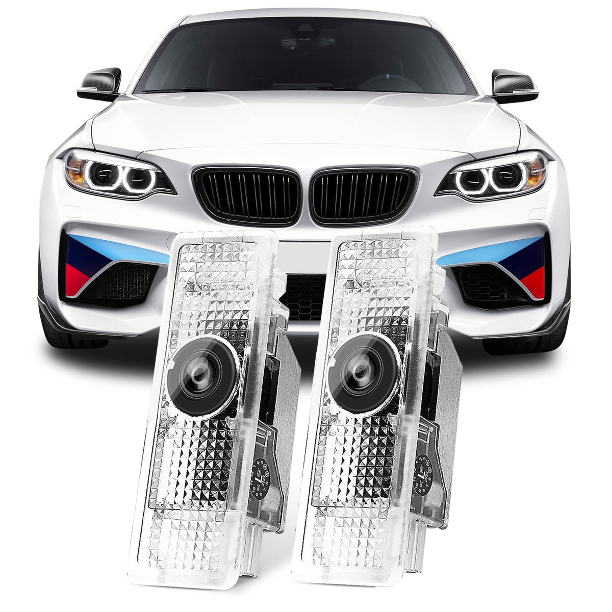 HAOGI Never Fade HD door light projector displays the BMW logo for elevated entry ambiance.