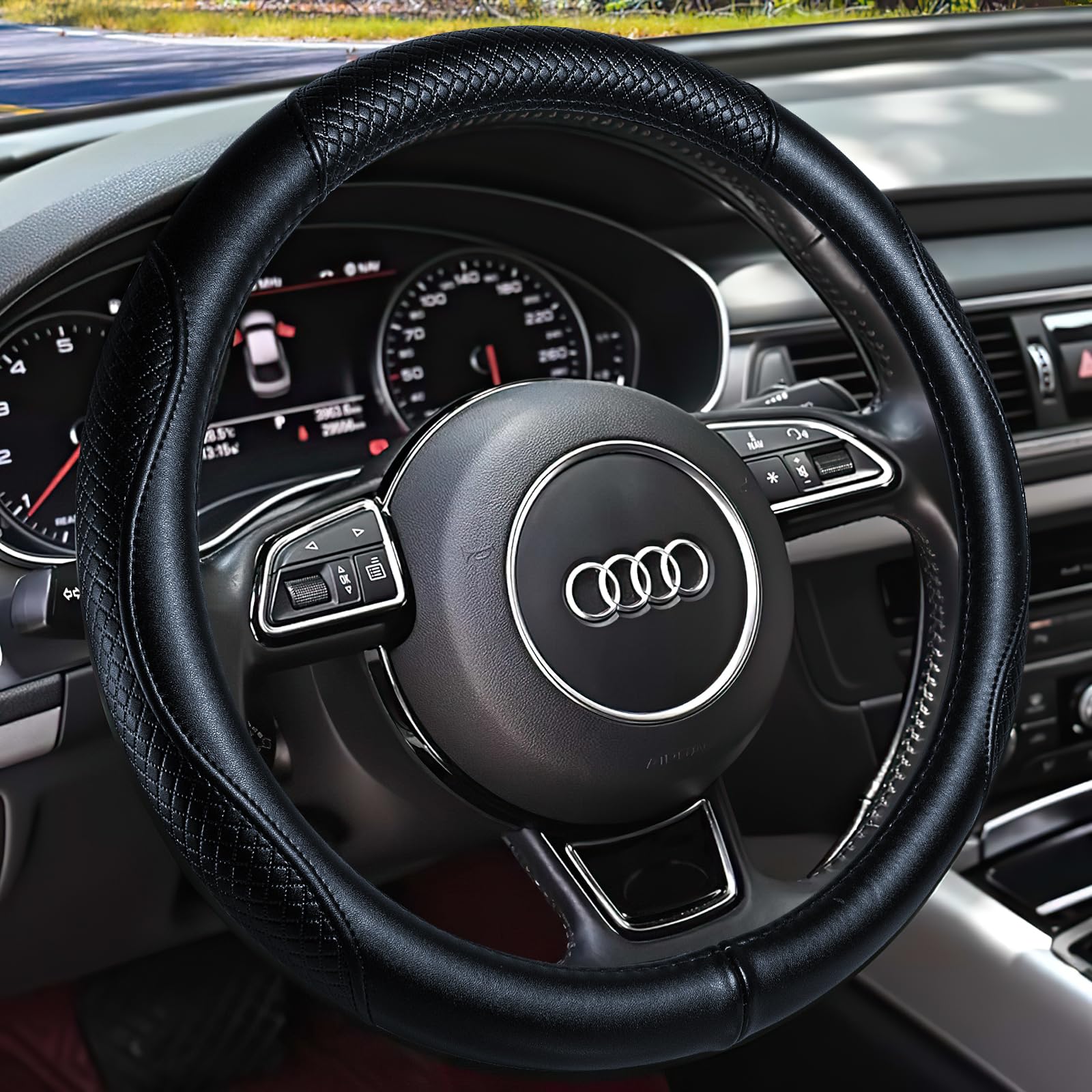 HAOKAY heavy-duty cowhide steering wheel cover with 15-inch fit for durable grip.