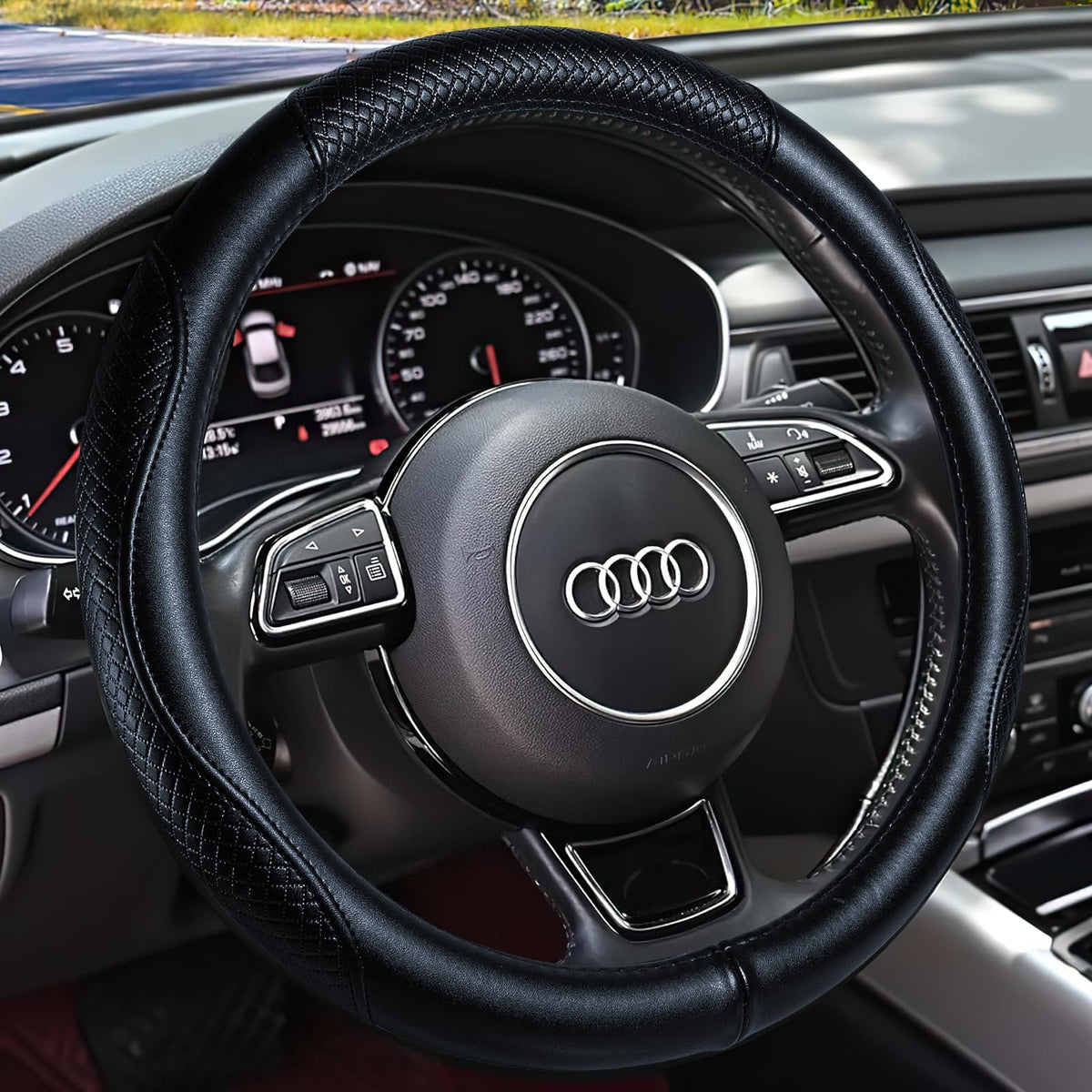 HAOKAY heavy-duty cowhide steering wheel cover with 15-inch fit for durable grip.