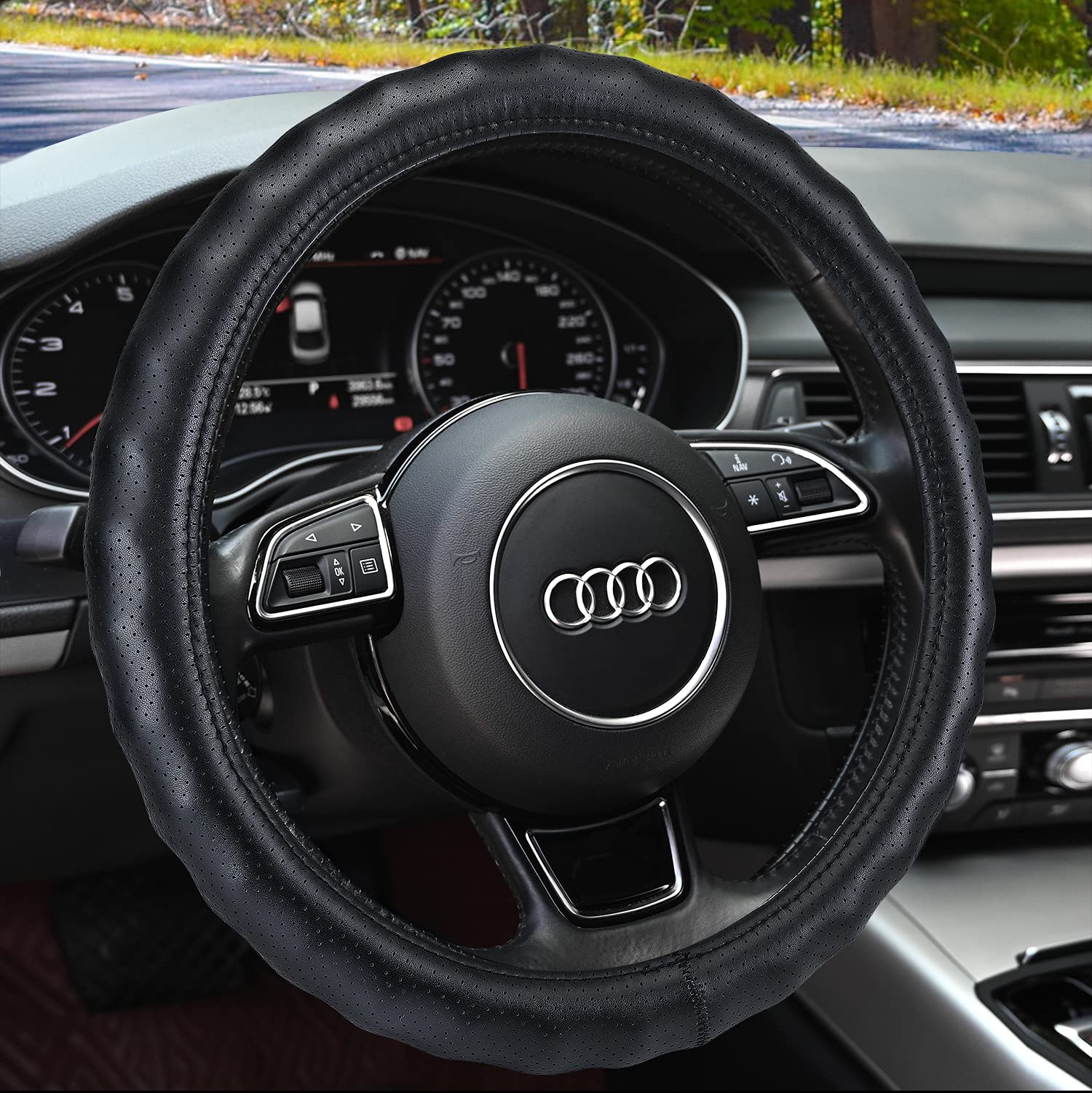 HAOKAY heavy-duty cowhide steering wheel cover adds durability and grip.