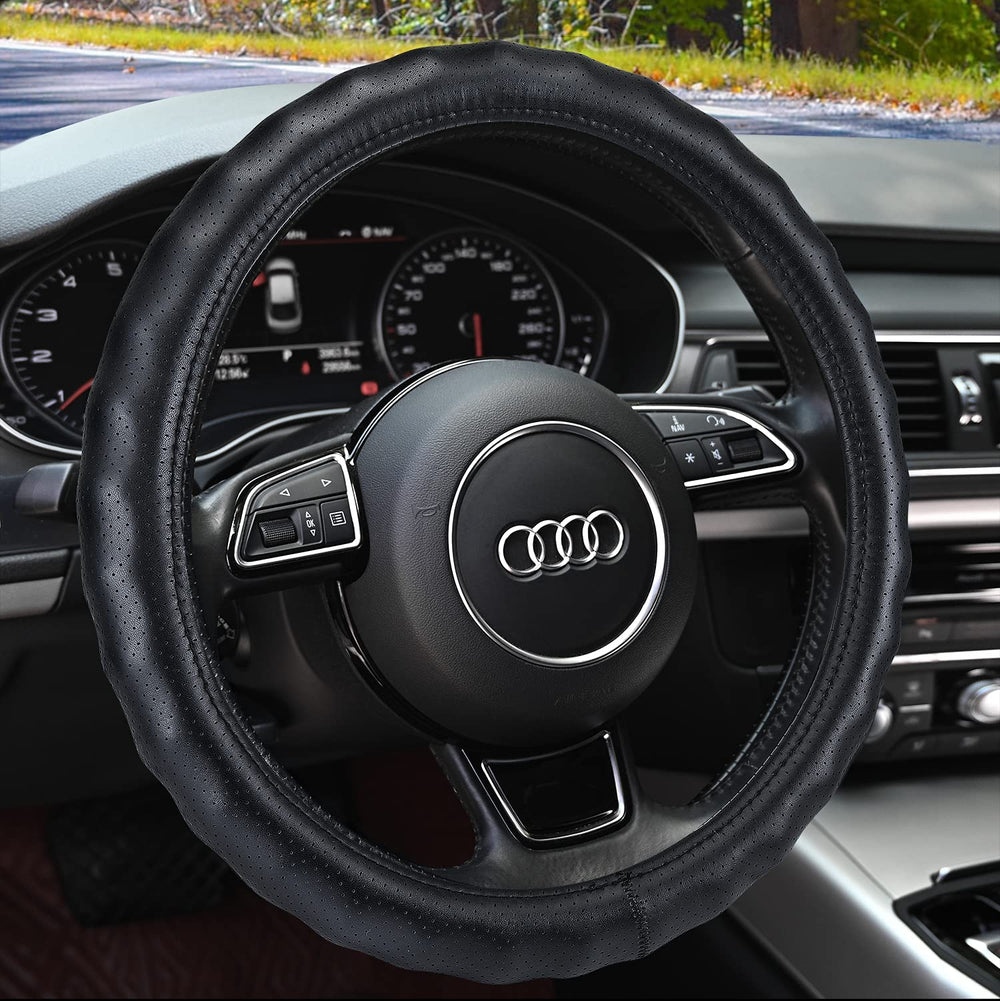 HAOKAY heavy-duty cowhide steering wheel cover adds durability and grip.