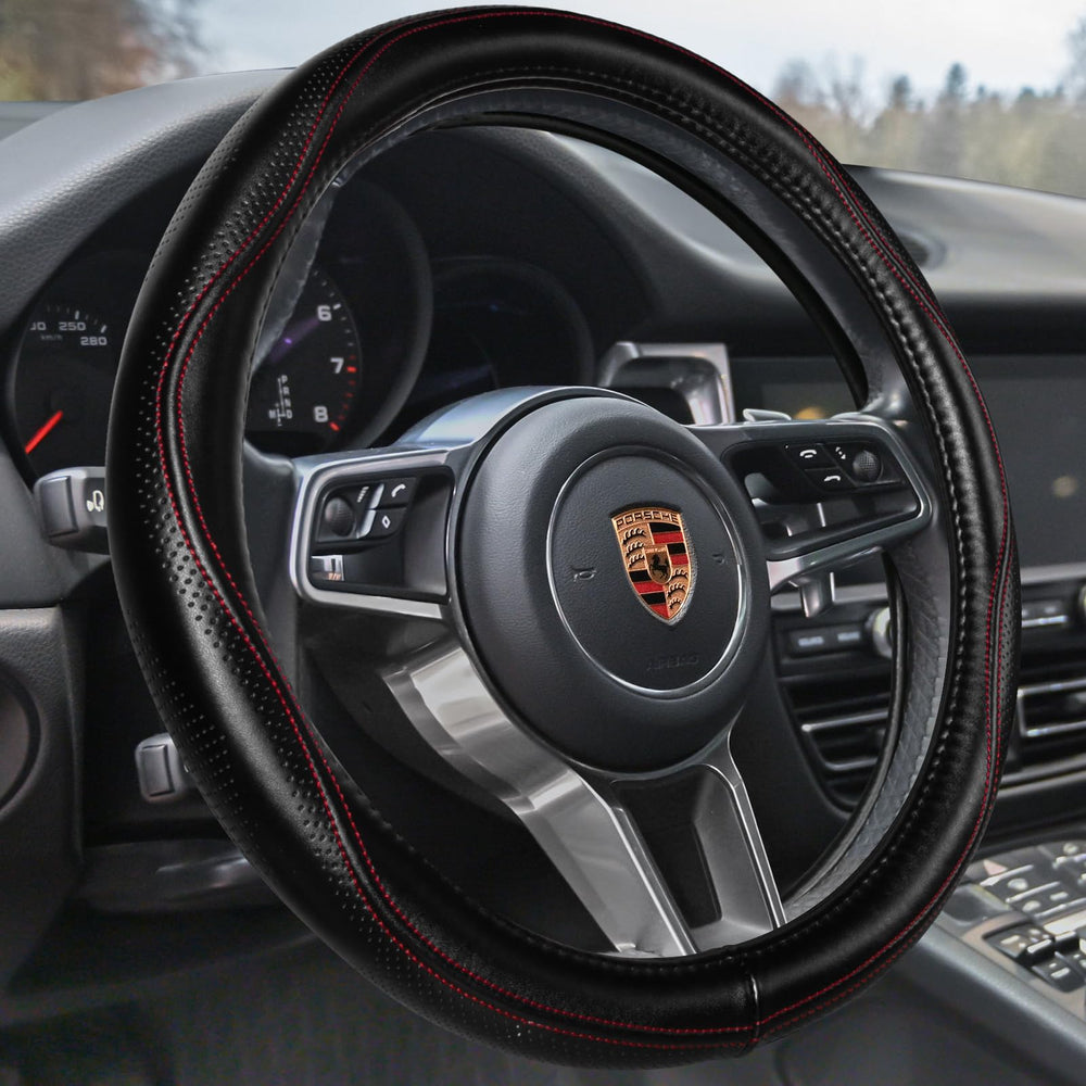 HAOKAY leather steering wheel cover in black for premium grip and refined interior style.