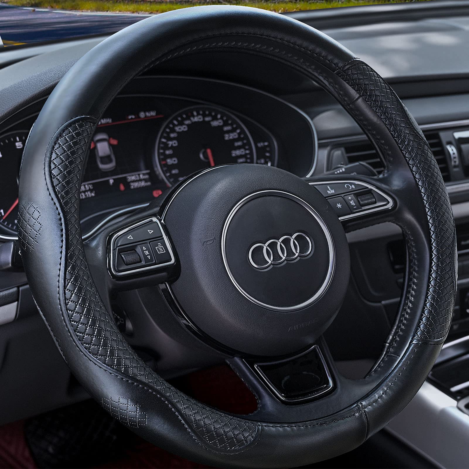 HAOKAY leather steering wheel cover close-up shows premium cowhide texture for a luxurious grip.