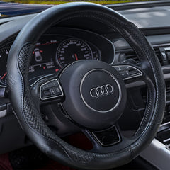 HAOKAY leather steering wheel cover close-up shows premium cowhide texture for a luxurious grip.