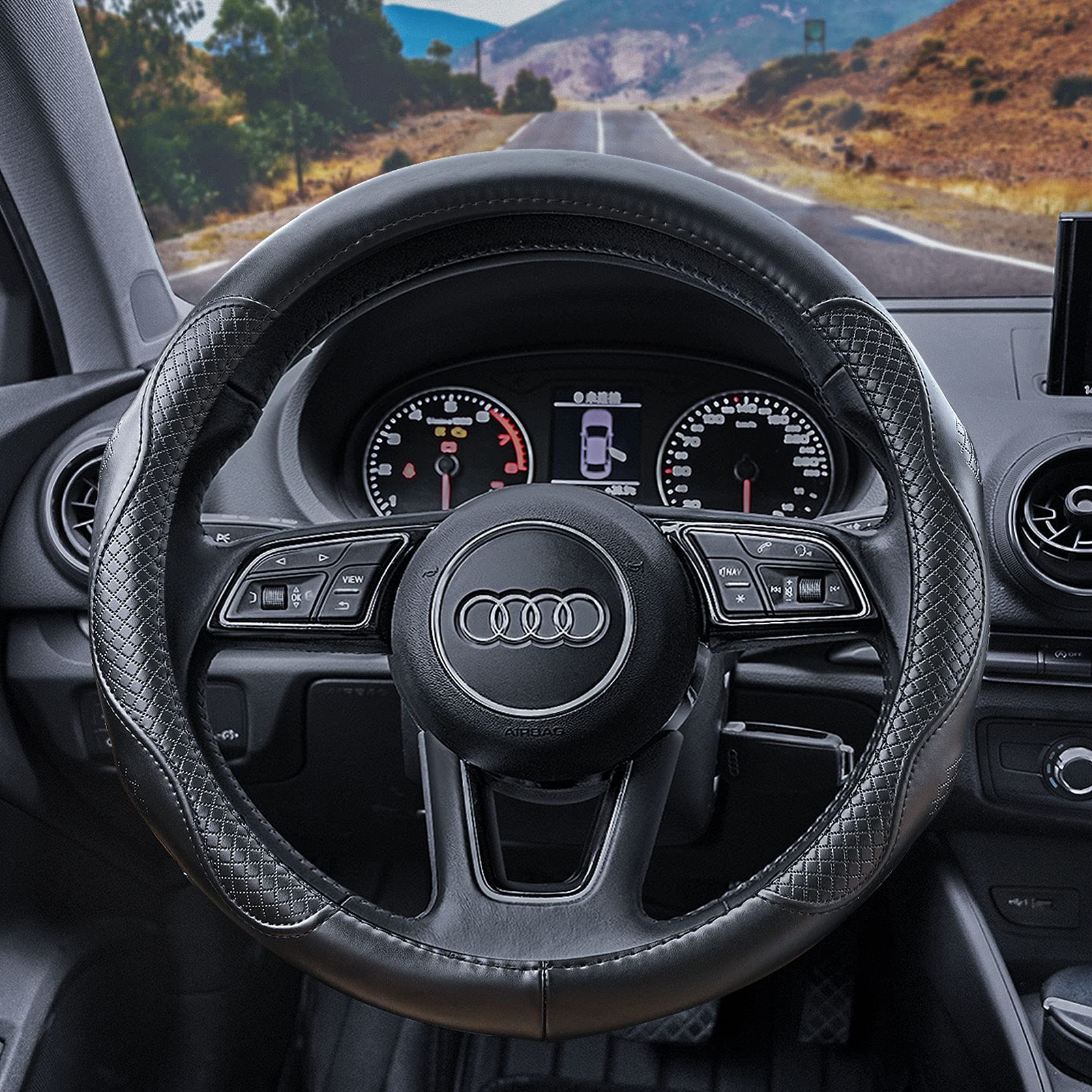 HAOKAY steering wheel cover installed for improved grip and refined interior aesthetic.