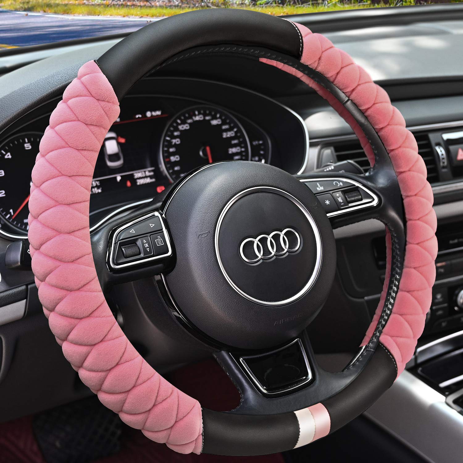 HAOKAY luxury fluffy steering wheel cover in pink adds comfort and style to your ride.