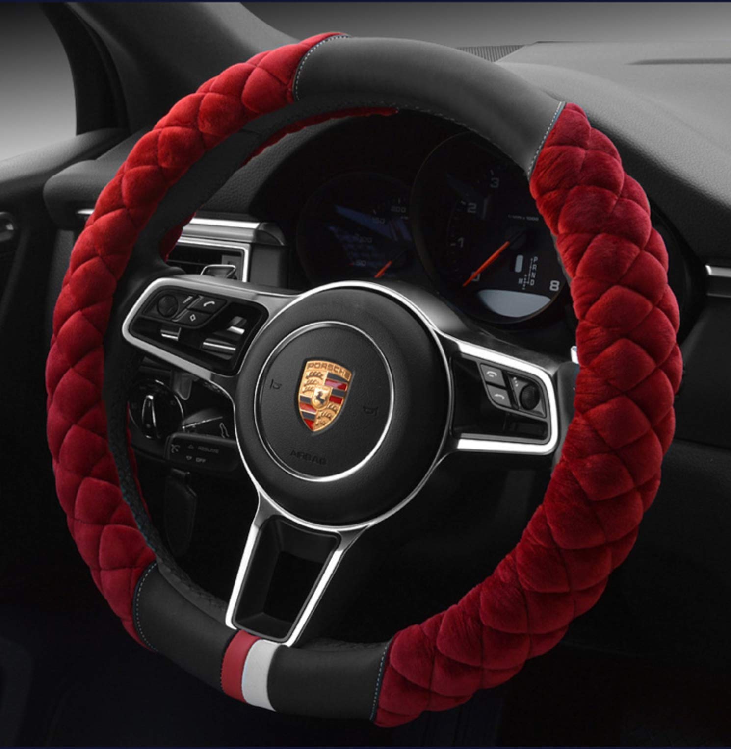 HAOKAY luxury fluffy steering wheel cover on red 15-inch wheel enhances grip and comfort.