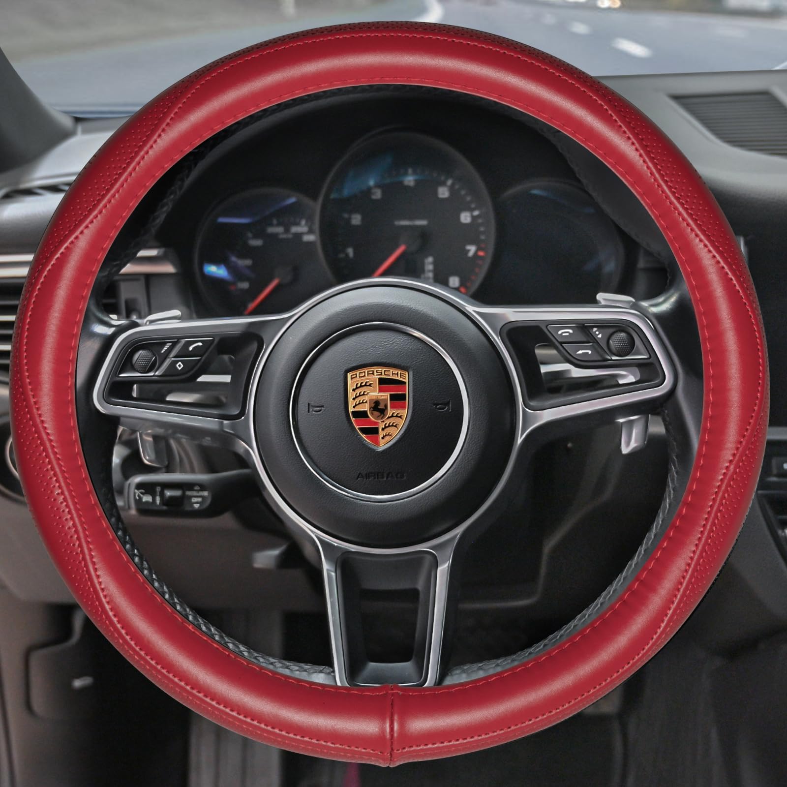 HAOKAY red leather steering wheel cover installed in car interior for luxury feel