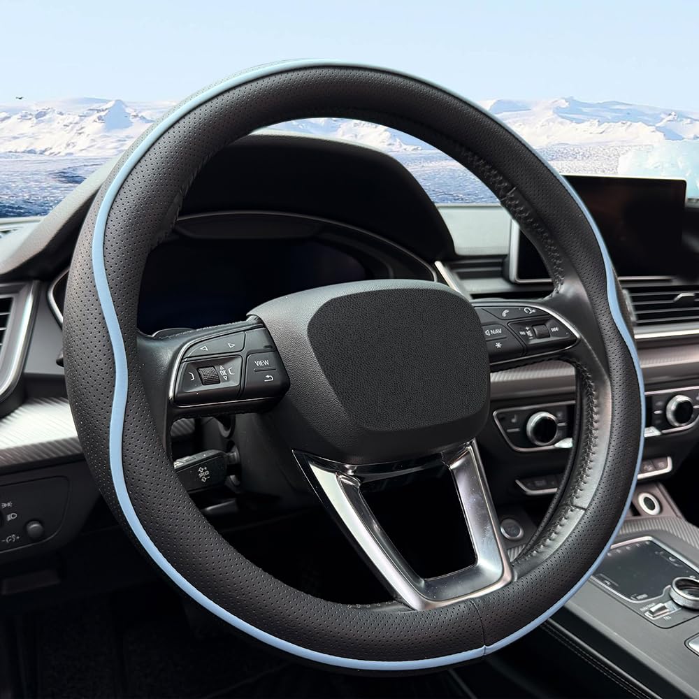 HAOTULE leather steering wheel cover with anti-slip stripe for a firmer grip and safer driving.