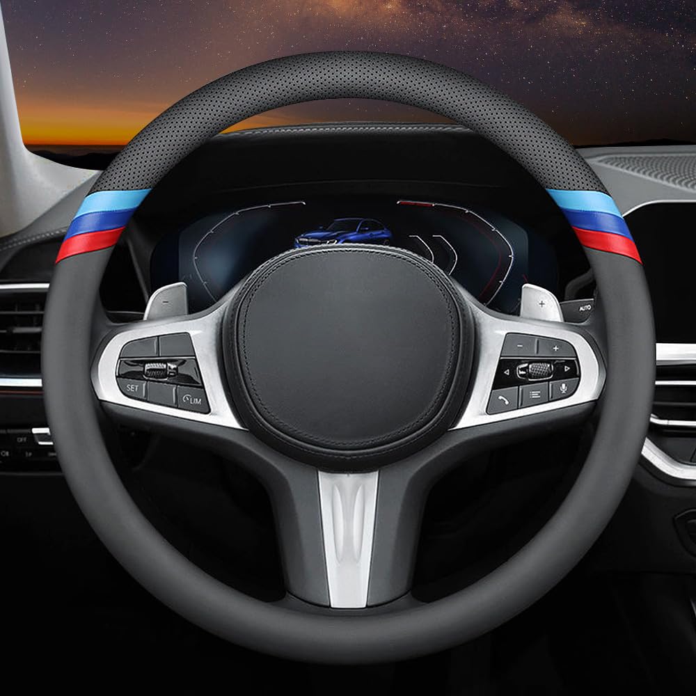 HAOTULE Nappa leather steering wheel cover for BMW adds luxury texture and grip.