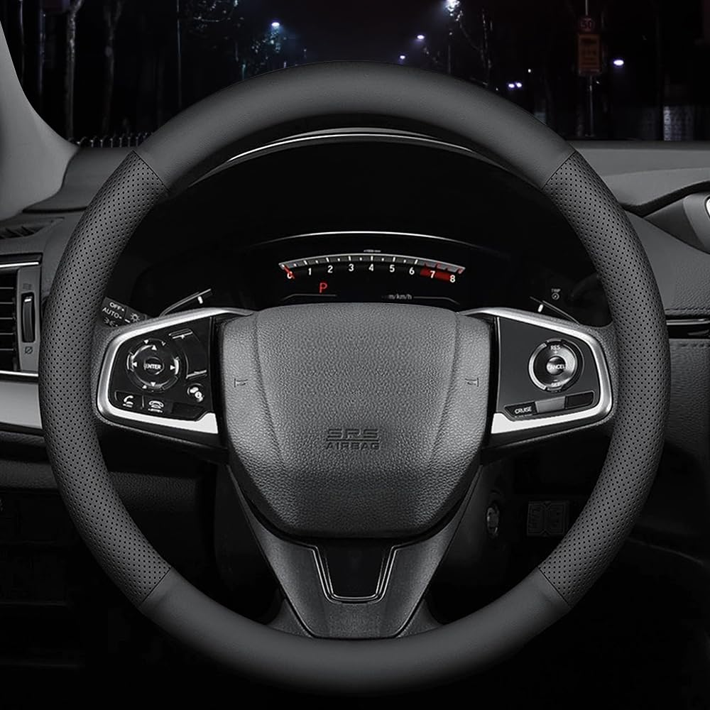 HAOTULE Nappa leather steering wheel cover anti-slip for secure grip.