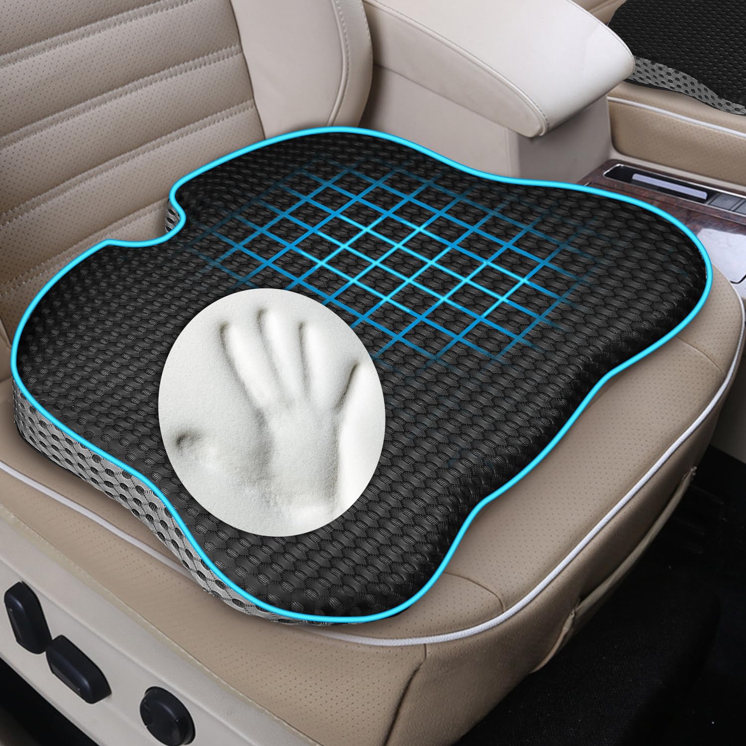 Hapiclody car seat cushion with wedge design enhances driving posture.