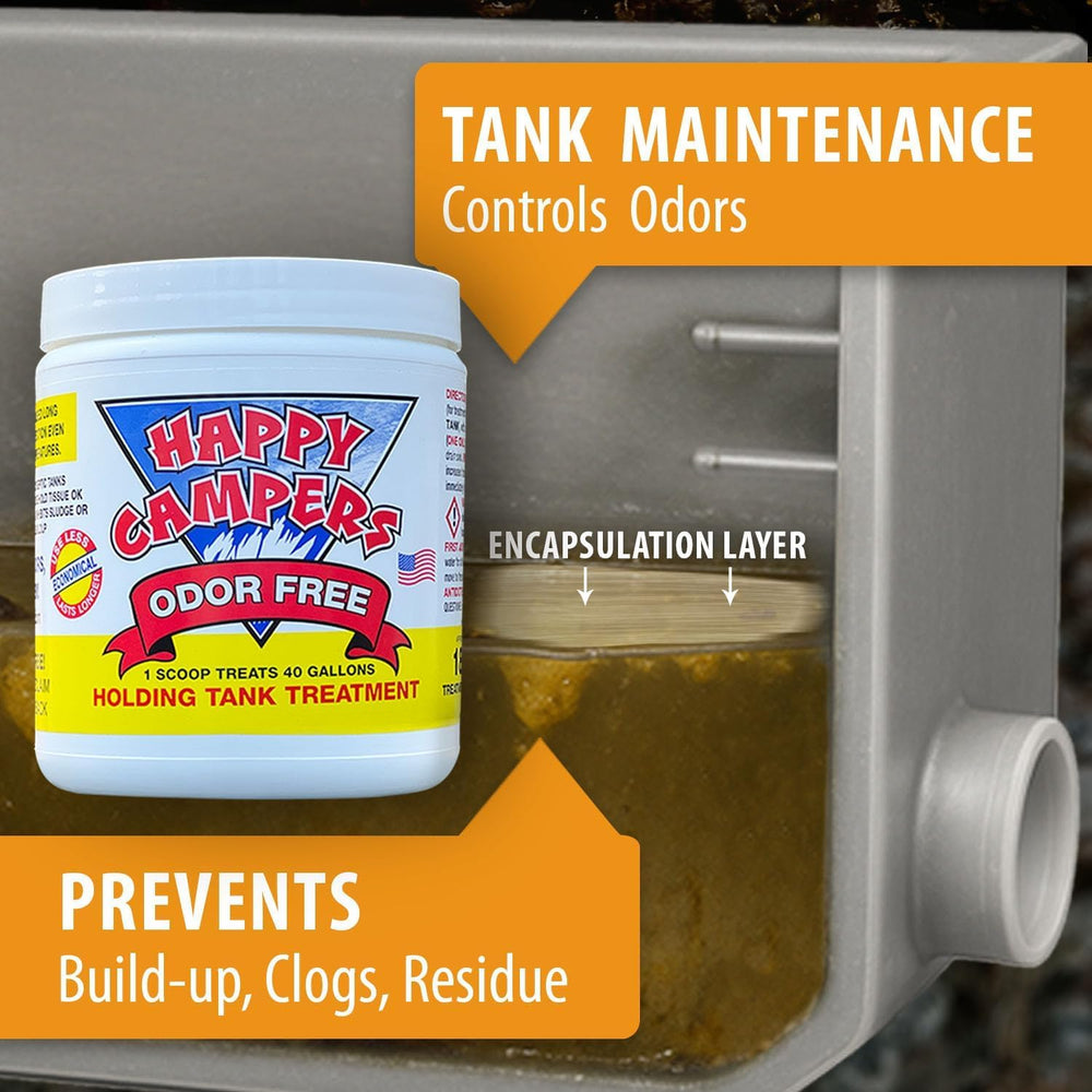 Happy Campers RV Toilet Treatment provides long-lasting odor control between dumps.