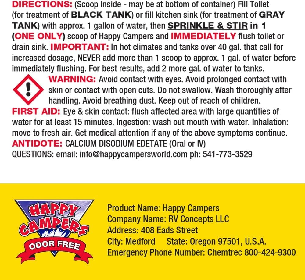 Happy Campers RV Toilet Treatment concentrates effectiveness up to 40 gallons per scoop.