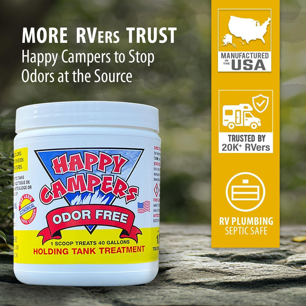 Happy Campers RV Toilet Treatment promotes smooth waste flow and reduces clogs in black tanks.