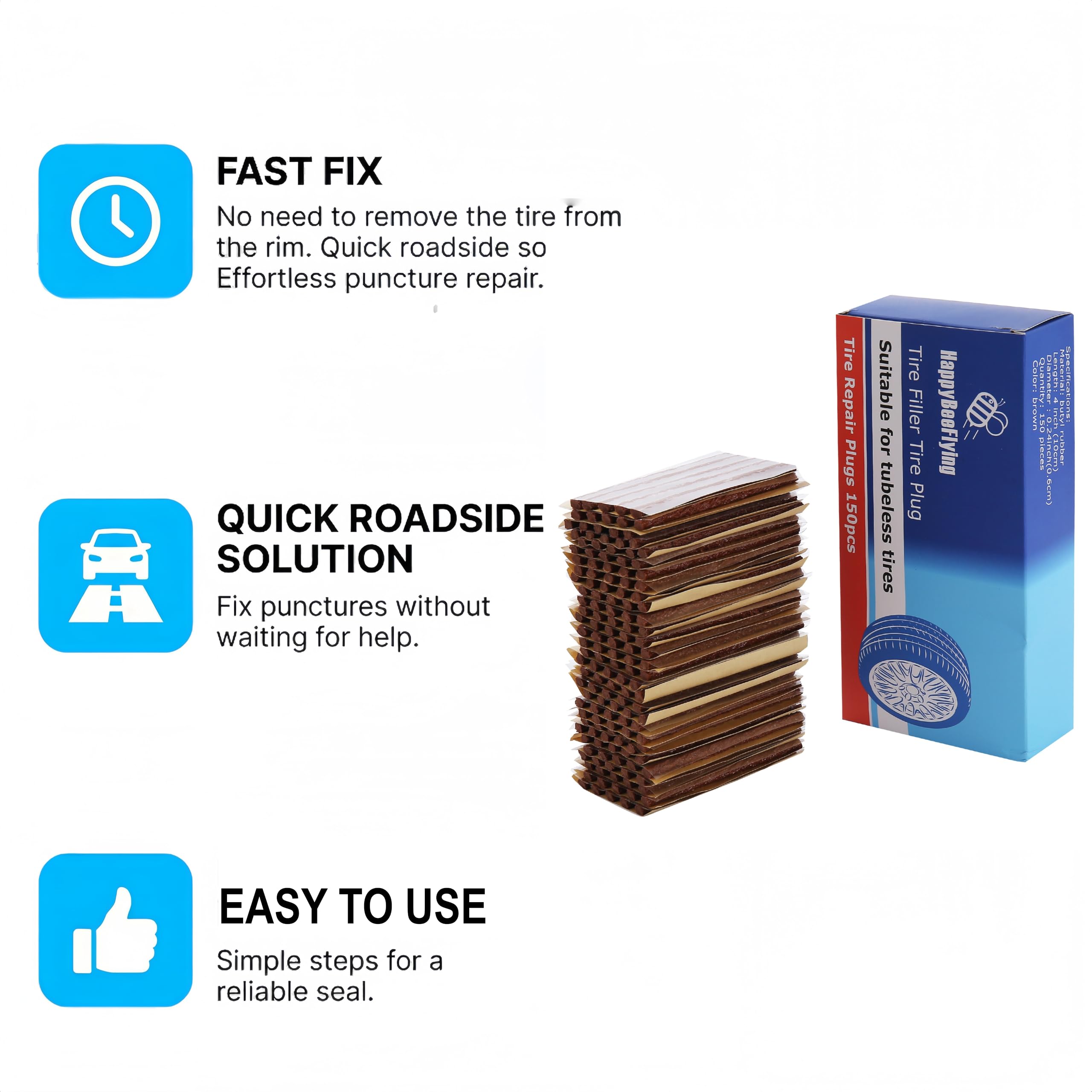 HappyBeeFlying tire plugs diameter-0.24inch ideal for precise insertion in tubeless tires.