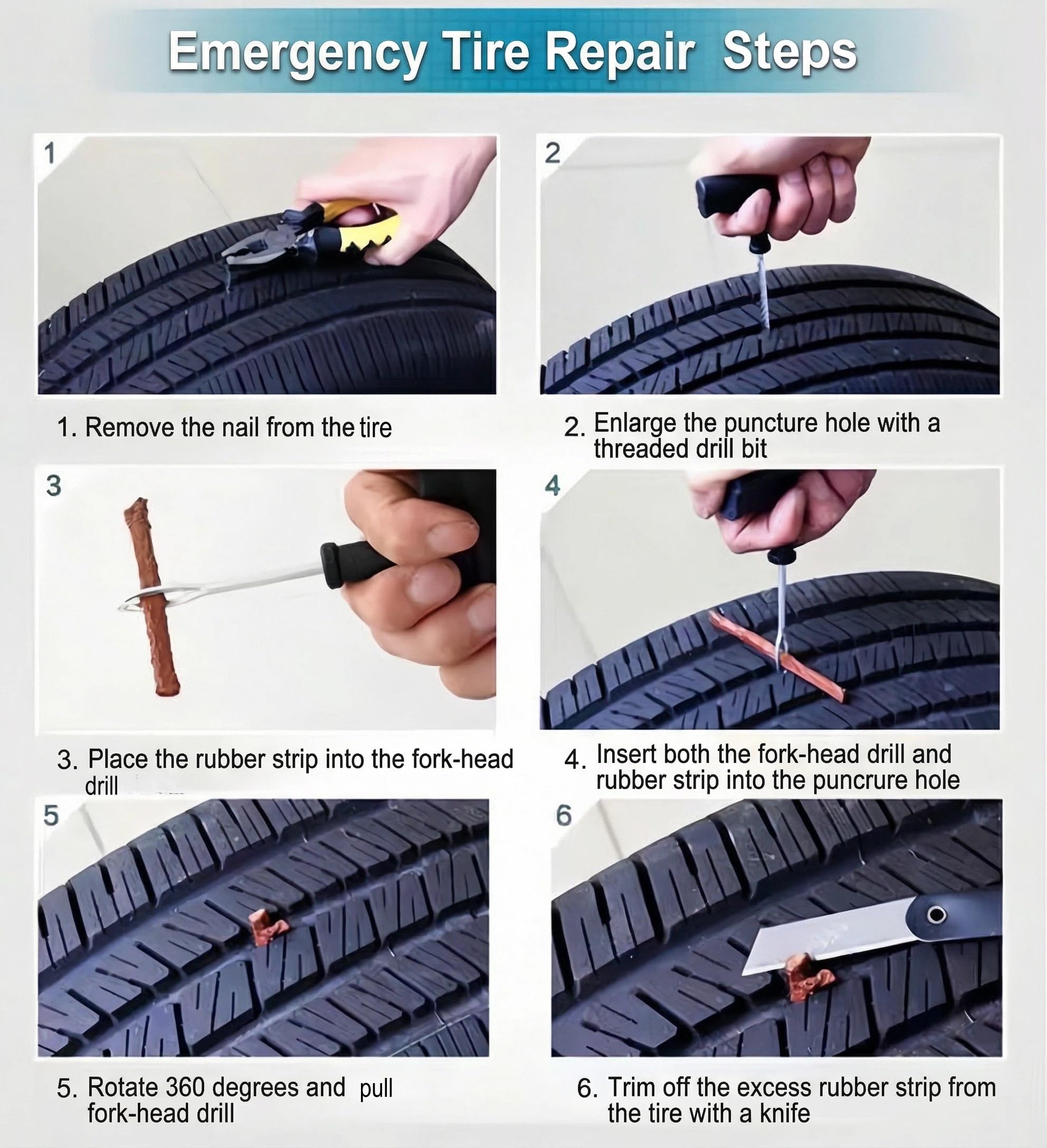 HappyBeeFlying tire plugs puncture-repair-process outlines step-by-step insertion and sealing.