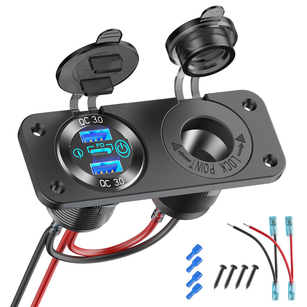 Hapytrip 12V USB outlet panel front view with three ports for on-demand charging