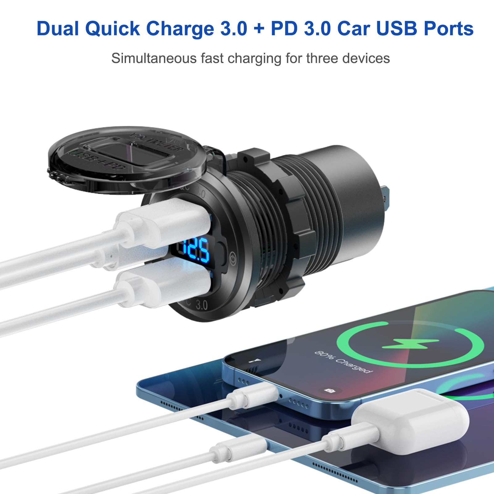 Hapytrip 3 USB ports with voltmeter showing vehicle power status.