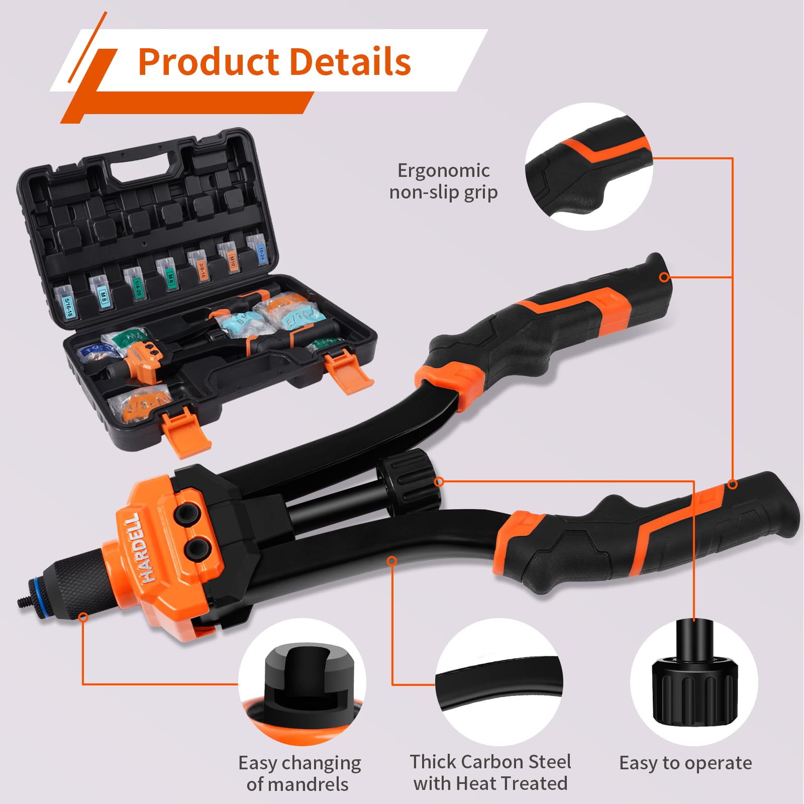 HARDELL quick-change-head design enables fast, tool-free head swaps.