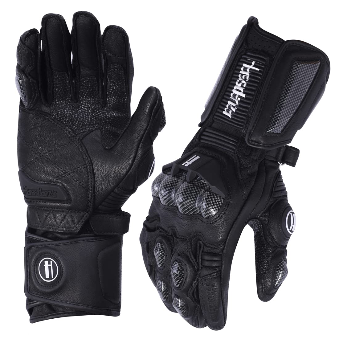 Harssidanzar leather motorbike gloves close-up showing supple goatskin texture and durability