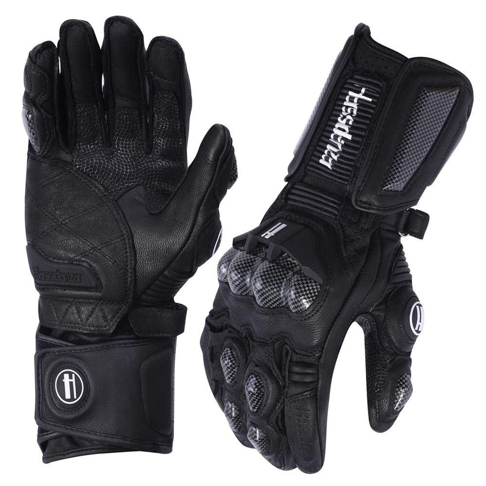 Harssidanzar leather motorbike gloves close-up showing supple goatskin texture and durability