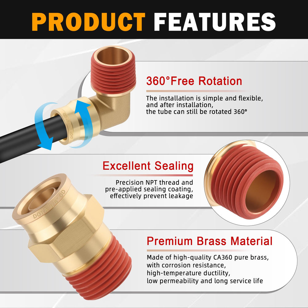 HASAOMOI brass push-to-connect detail shows 360-degree rotation for flexible installation.