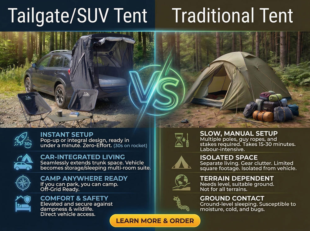 Hasika SUV Tailgate Tent UPF 50+ shields sun while you relax at the trailhead.