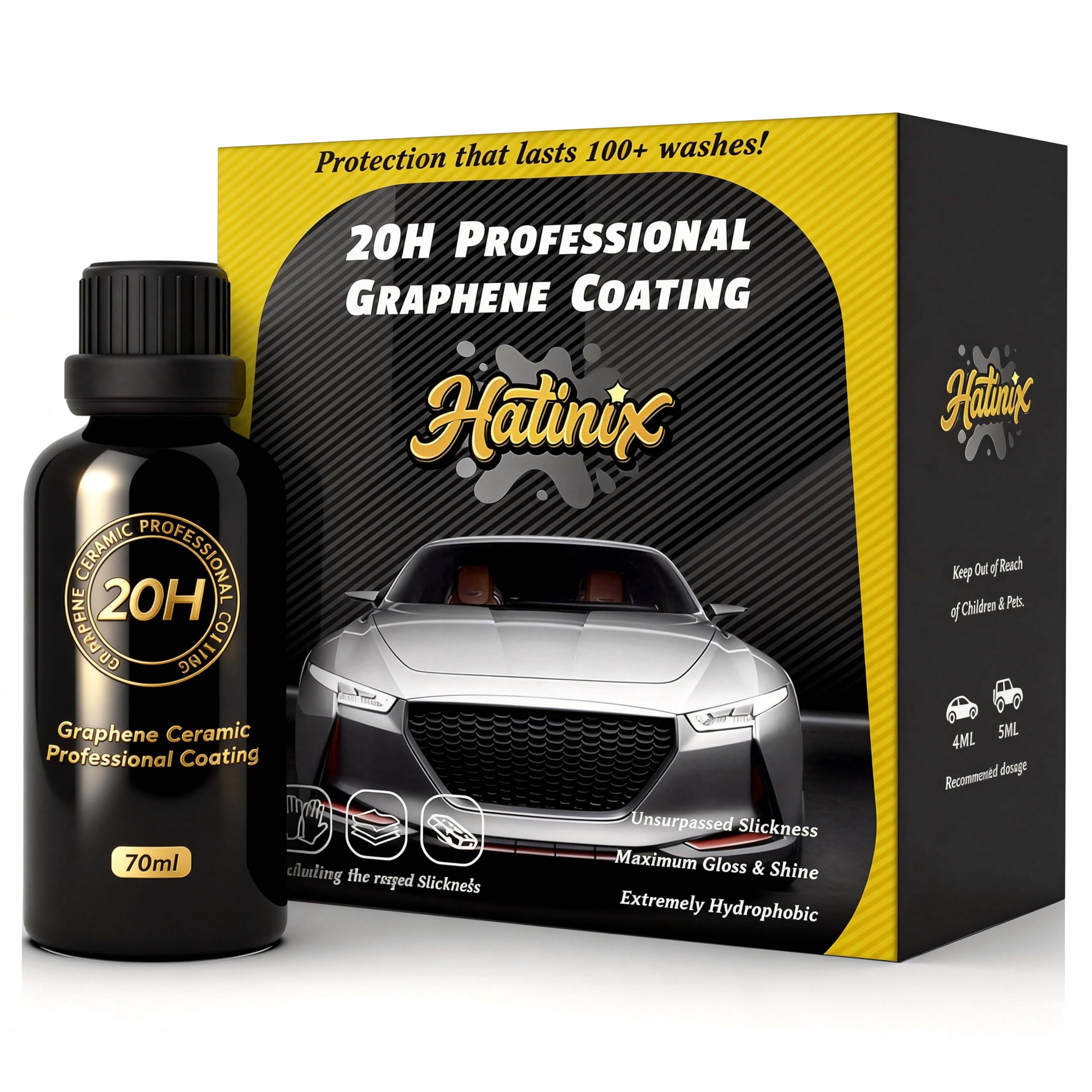 Hatinix 20H graphene ceramic coating bottle provides durable gloss and protection.