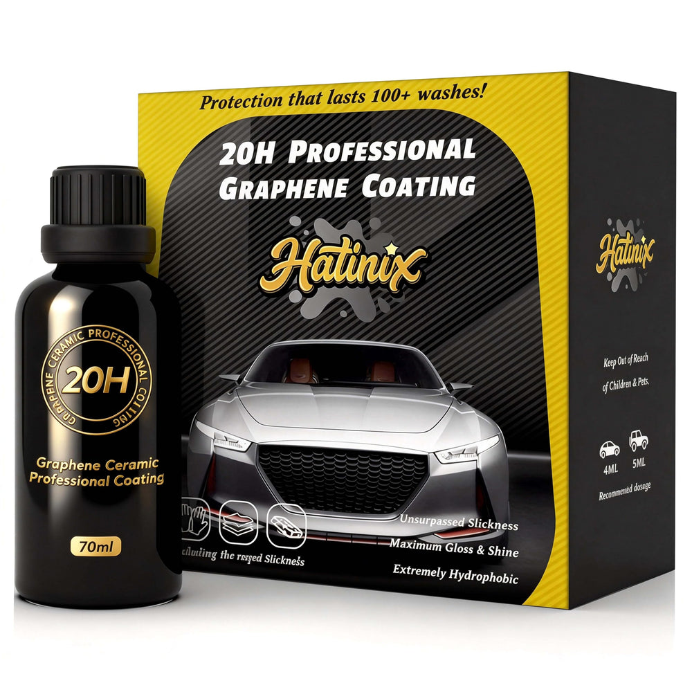 Hatinix 20H graphene ceramic coating bottle provides durable gloss and protection.